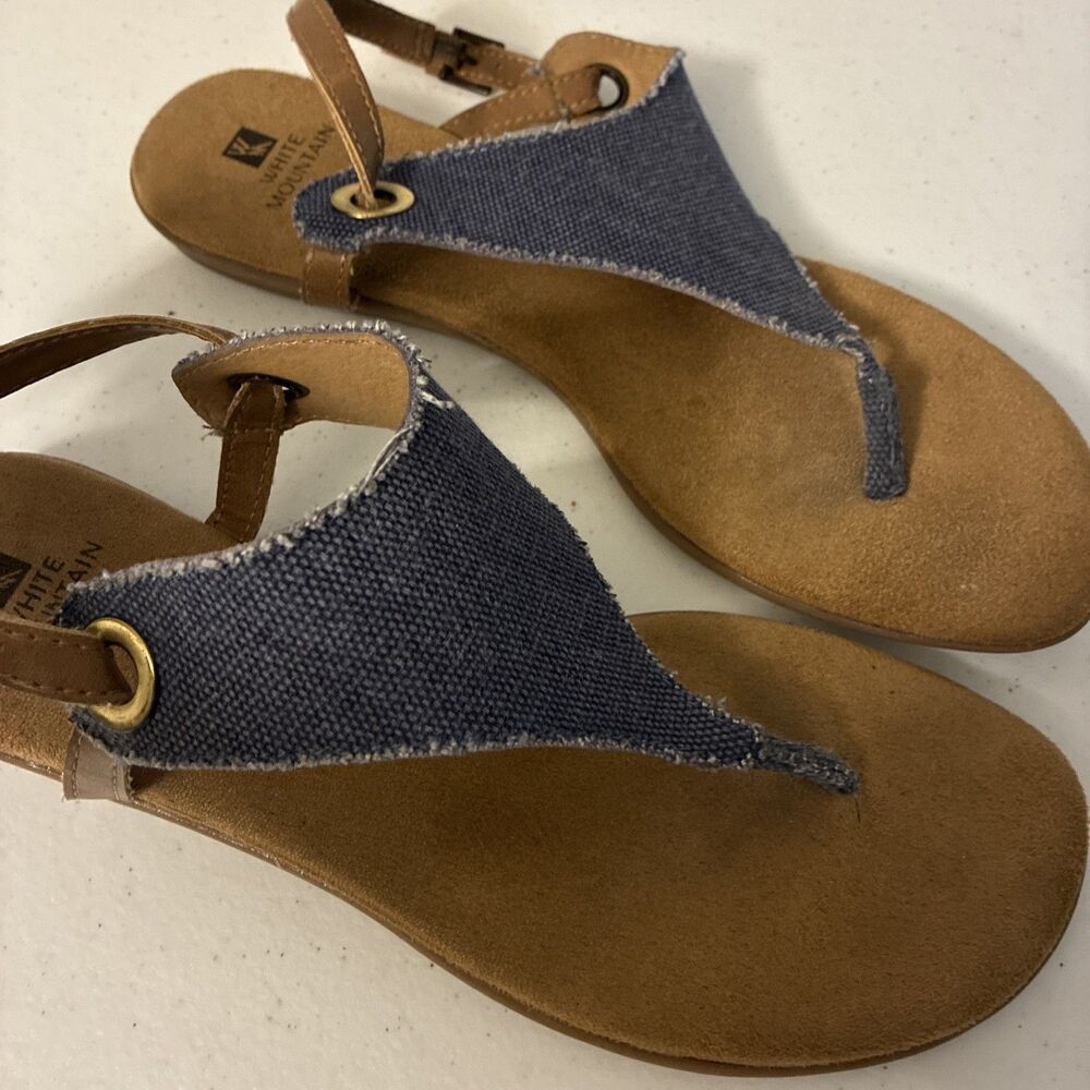 White Mountain Womens London Faux-Leather Denim Thong Flat Sandals Blue Size 9